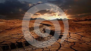 Drought and climate change concept. Sunset over a landscape with a dry river bed.