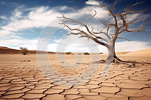 Dry dead tree in desert with a dry, cracked ground photo