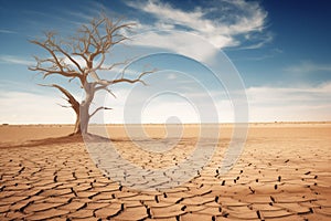 Dry dead tree in desert with a dry, cracked ground photo