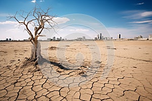 Dry dead tree in desert with a dry, cracked ground with city photo