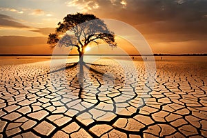 Drought And Climate Change, Landscape Of Dry Cracked Earth And Dead Tree At Sunset Metaphor Global Warming, Water C. Generative AI