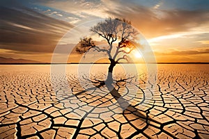 Drought And Climate Change, Landscape Of Dry Cracked Earth And Dead Tree At Sunset Metaphor Global Warming, Water C. Generative AI