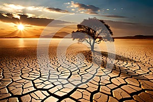 Drought And Climate Change, Landscape Of Dry Cracked Earth And Dead Tree At Sunset Metaphor Global Warming, Water C. Generative AI