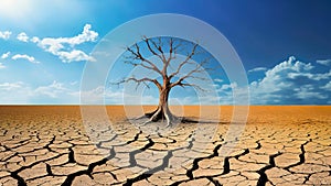 Drought concept, dead tree in cracked dry land, climate change catastrophe