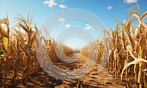 Drought corn fields wilt yellow, ai generative
