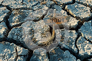 Drought Crisis Highlighted by Wooden Sign on Cracked Earth