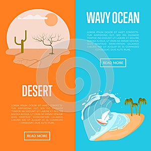 Drought desert and wavy ocean banners.
