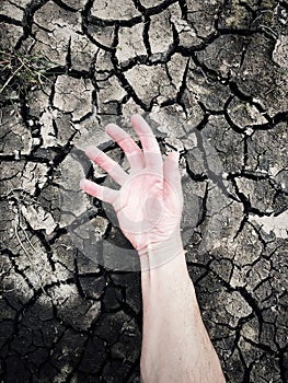 Drought and famine concept of lifeless human hand with parched earth