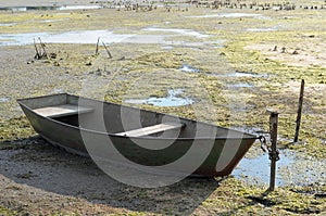 Drought in the hot summer. Dried river without water and boat