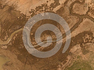 Drought impact river drying aerial view