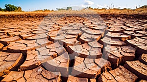 Drought land, dry soil ground in desert area with cracked mud in arid landscape. Shortage of water, climate change and global