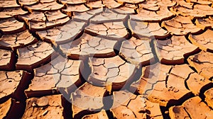 Drought land, dry soil ground in desert area with cracked mud in arid landscape. Shortage of water, climate change, global warming