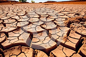 Drought land, dry soil ground in desert area with cracked mud in arid landscape. Shortage of water, climate change, global warming