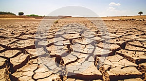 Drought land, dry soil ground in desert area with cracked mud in arid landscape. Shortage of water, climate change, global warming