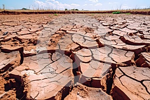 Drought land, dry soil ground in desert area, cracked mud in arid landscape. Shortage of water, water scarcity, climate change,