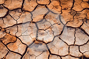 Drought land, dry soil ground in desert area, cracked mud in arid landscape. Shortage of water, water scarcity, climate change,