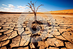 Drought land with isolated died tree, dry soil ground desert area with cracked mud arid landscape. Shortage of water, climate
