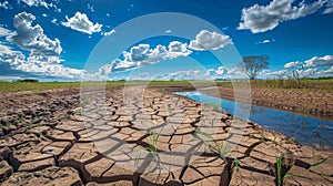 Drought landscape, Global warming effect. Water scarcity concept. Generative ai