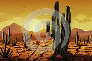 Drought in Mexico. Dry land with deep cracks on background of large cactus and mountains. Heat, sunset. Concept of climate change