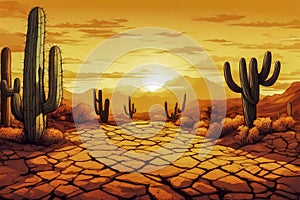 Drought in Mexico. Dry land with deep cracks on background of large cactus and mountains. Heat, sunset. Concept of climate change