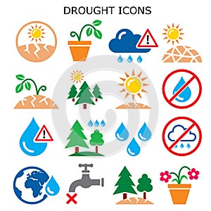 Drought, natural disaster, climate change vector color icons set - no water for plants, in gardens and forests