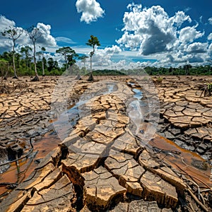 Drought-stricken Amazon landscape with cracked earth and sparse water reflecting climate change impact