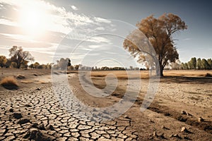 drought-stricken countryside, with parched fields and cracked earth