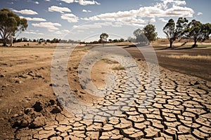 drought-stricken countryside, with parched fields and cracked earth