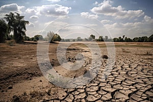 drought-stricken countryside, with parched fields and cracked earth