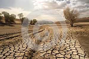 drought-stricken countryside, with parched fields and cracked earth