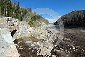 Drought stricken Eleanor Lake on Sylvan Pass on the highway to the east entrance of Yellowstone National Park in Wyoming