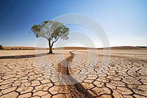 Drought-Stricken Farm: Barren Landscape with Lone Tree, Depicting Environmental Degradation and Climate Change