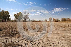 drought-stricken field, with dried crops and dead plants