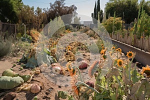 drought-stricken garden of once-blooming flowers and vegetables now faded and wilted