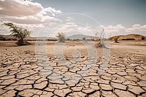 drought-stricken landscape with parched and cracked earth visible