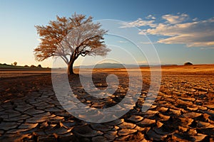 Drought stricken soil bears lone tree, portraying climate changes water shortage impact