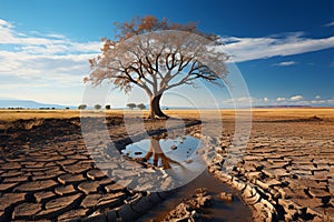 Drought stricken soil bears lone tree, portraying climate changes water shortage impact