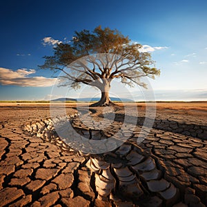 Drought stricken soil bears lone tree, portraying climate changes water shortage impact