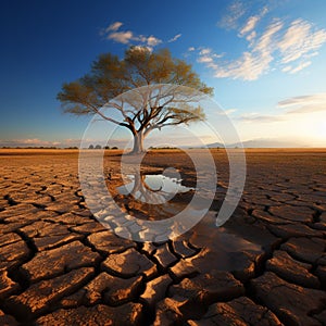 Drought stricken soil bears lone tree, portraying climate changes water shortage impact