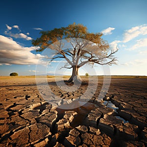 Drought stricken soil bears lone tree, portraying climate changes water shortage impact