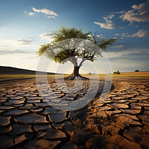 Drought stricken soil bears lone tree, portraying climate changes water shortage impact