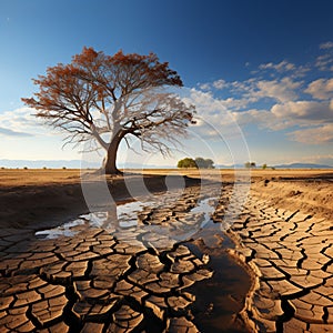 Drought stricken soil bears lone tree, portraying climate changes water shortage impact