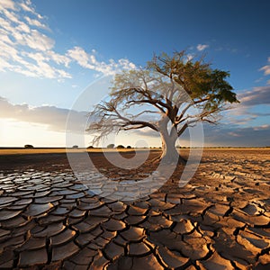 Drought stricken soil bears lone tree, portraying climate changes water shortage impact