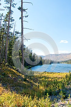 Drought stricken Sylvan Lake on Sylvan Pass on the highway to the east entrance of Yellowstone National Park in Wyoming US of A