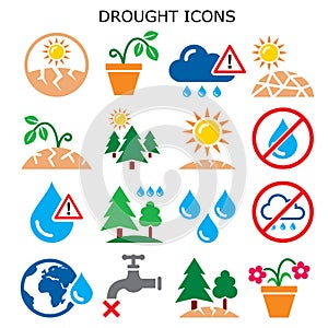 Drought, natural disaster, climate change vector color icons set - no water for plants, in gardens and forests photo