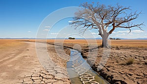 Droughts impact lifeless trees on cracked earth, a metaphor for urgent global climate change.