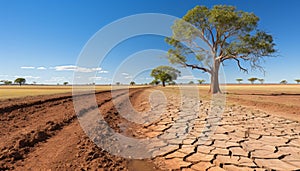 Droughts metaphorical impact lifeless trees on cracked earth, urging action against climate change