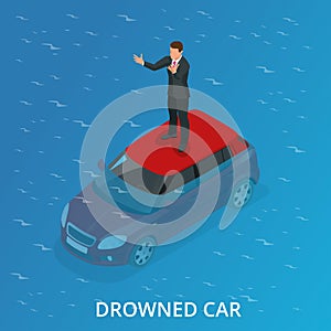 Drowned car. A car accident drowned. Flat 3d vector isometric illustration. photo