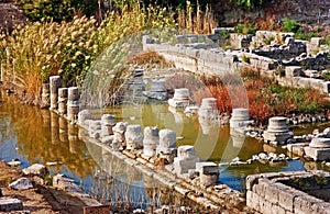 Drowned columns in Letoon near the ancient Lycian city Xanthos, Turkey