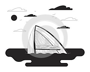 Drowning boat on river black and white cartoon flat illustration